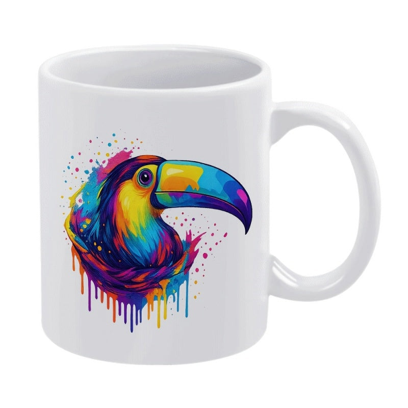 Tailorly White Ceramic 11 oz Mug - Vibrant Splashing Paint Style Artistic Tropical Bird With Colorful Beak Toucan