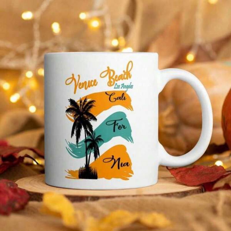 Tailorly White Ceramic 11 oz Mug - Venice Beach Los Angeles Girls For Men Tropical Palm Trees Silhouette Standing Before Vibrant Colorful Artistic Abstract Brush