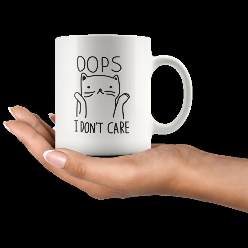 Tailorly White Ceramic 11 oz Mug - Oops I Don't Care Simple Hand Drawn Minimalist Line Art Featuring A Shrugging Sarcastic Kitten Cat