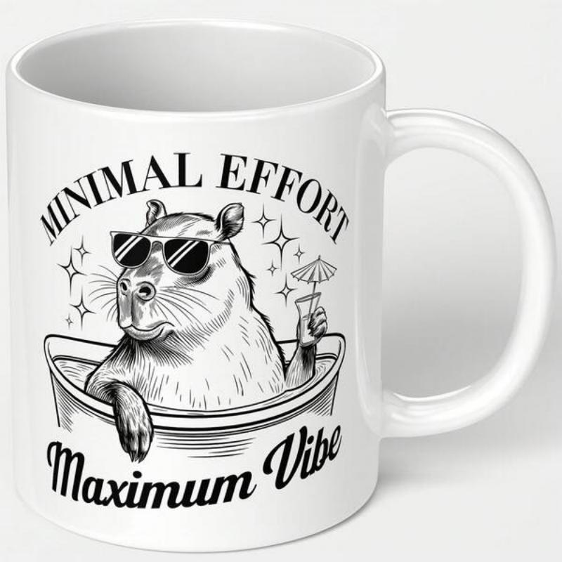Tailorly White Ceramic 11 oz Mug - Minimal Effort Maximum Vibe Chill Capybara Relaxing In Bathtub Wearing Sunglasses Holding Drink Capybara