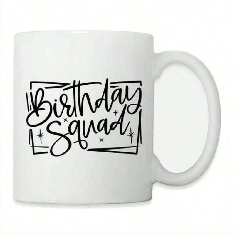 Tailorly White Ceramic 11 oz Mug - Birthday Squad Handwritten Script Surrounded By Rectangular Frame And Tiny Sparkles Mug