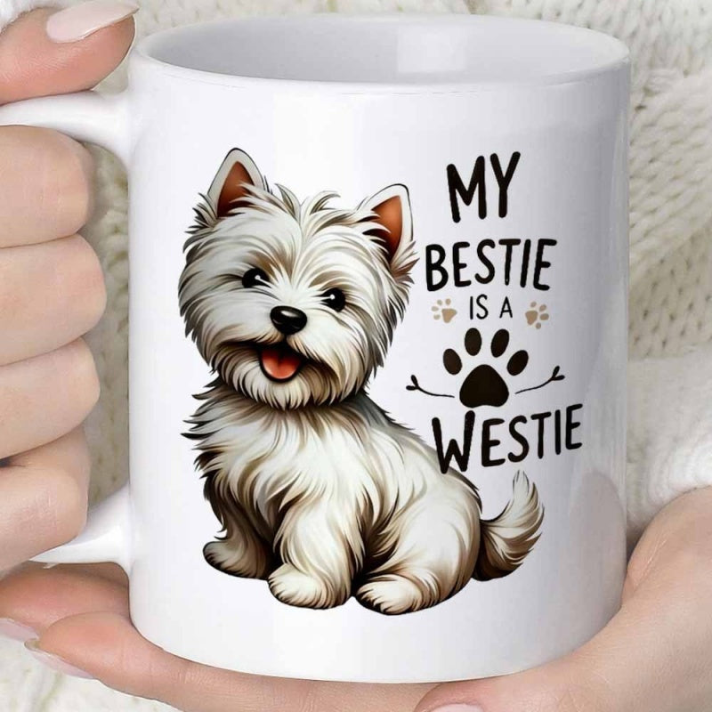 Tailorly White Ceramic 11 oz Mug - My Bestie Is A Westie Fluffy White Dog Sitting With A Happy Smile Westie