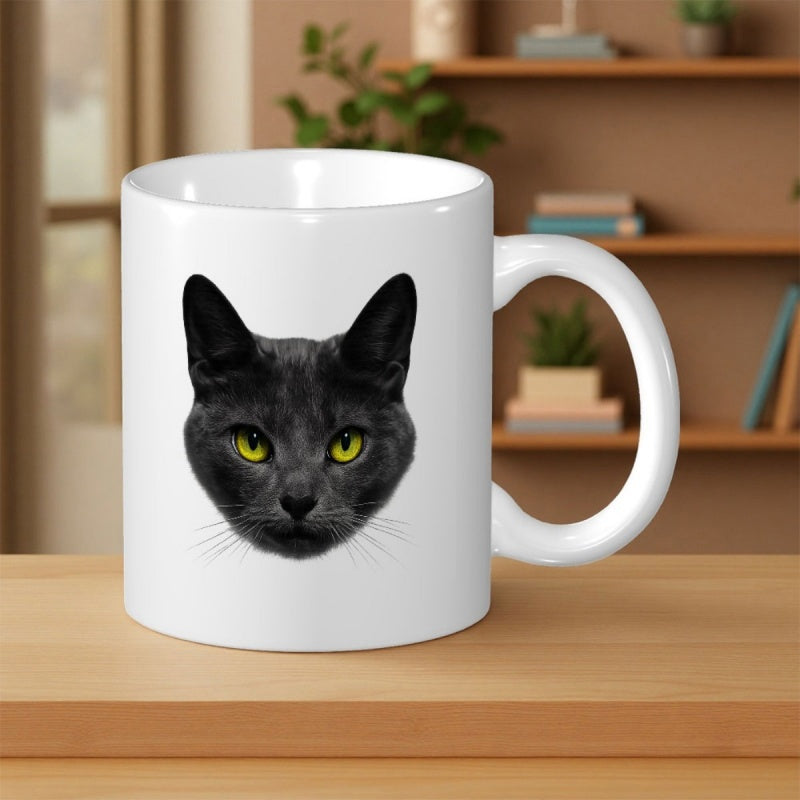Tailorly White Ceramic 11 oz Mug - Realistic Portrait Of A Mysterious Black Feline With Piercing Eyes Cat