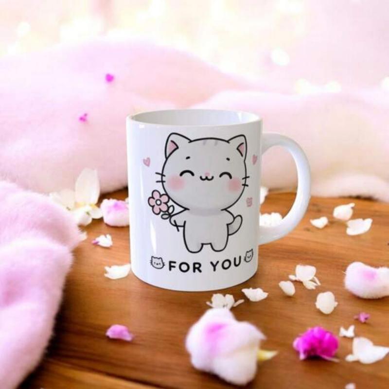 Tailorly White Ceramic 11 oz Mug - For You Cute Cartoon Feline Holding Small Flower Surrounded By Tiny Hearts Cat
