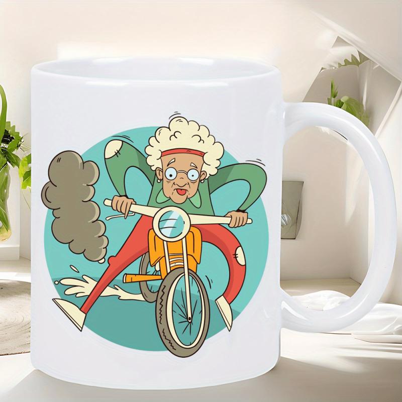 Tailorly White Ceramic 11 oz Mug - Funny Elderly Woman Riding Fast On A Small Vintage Orange Motorcycle Grandma
