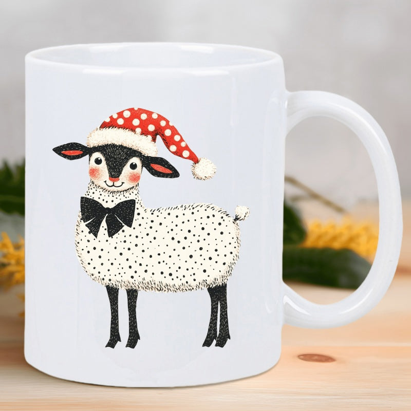 Tailorly White Ceramic 11 oz Mug - Charming Sheep Wearing Red Polka Dot Festive Hat And Elegant Bowtie Sheep