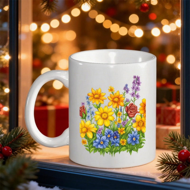Tailorly White Ceramic 11 oz Mug - Vibrant Colorful Meadow Blossoms Blooming Among Green Leaves Wildflower