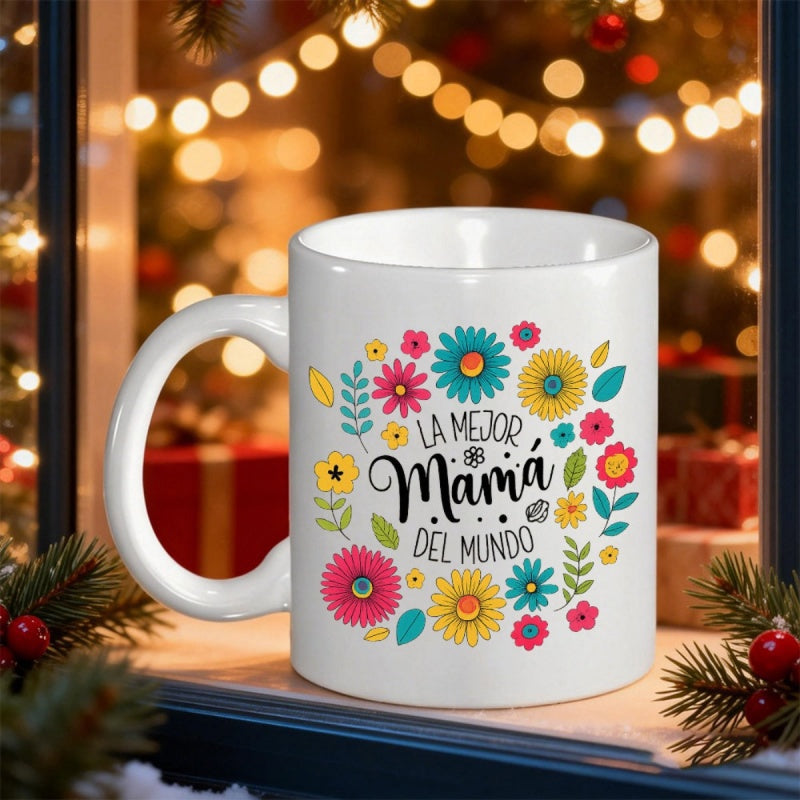 Tailorly White Ceramic 11 oz Mug - Vibrant Colorful Garden Flowers Blossoming Around Central Decorative Script Text Flower