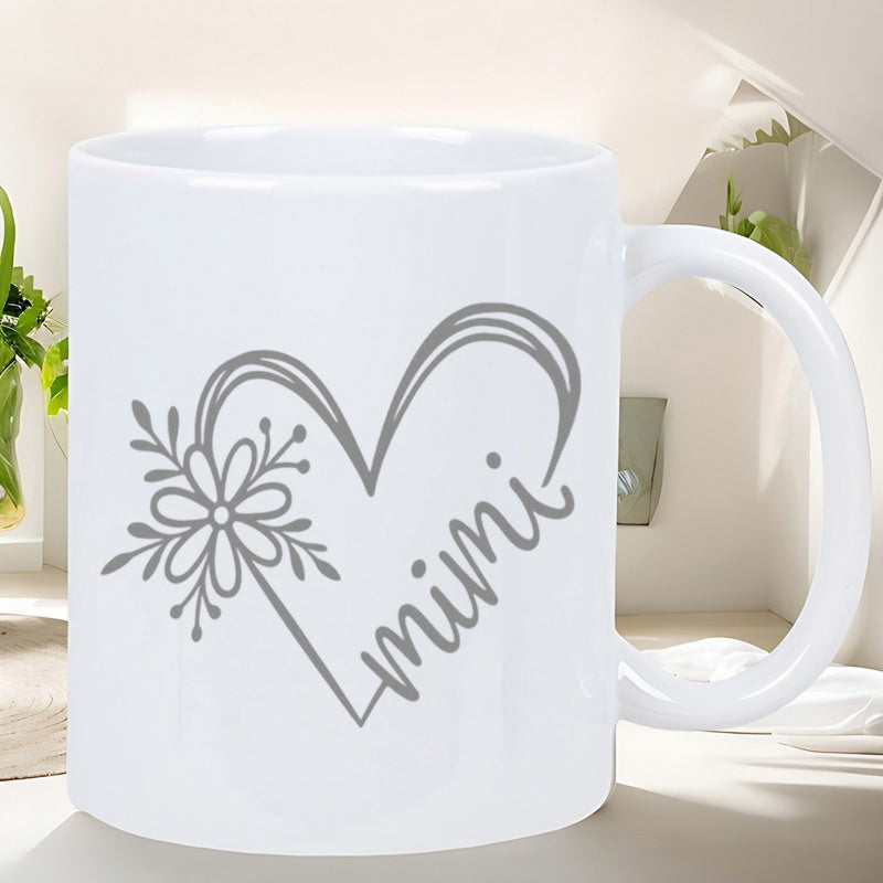 Tailorly White Ceramic 11 oz Mug - Mimi Minimalist Hand Drawn Lines Featuring Elegant Bloom And Delicate Heart