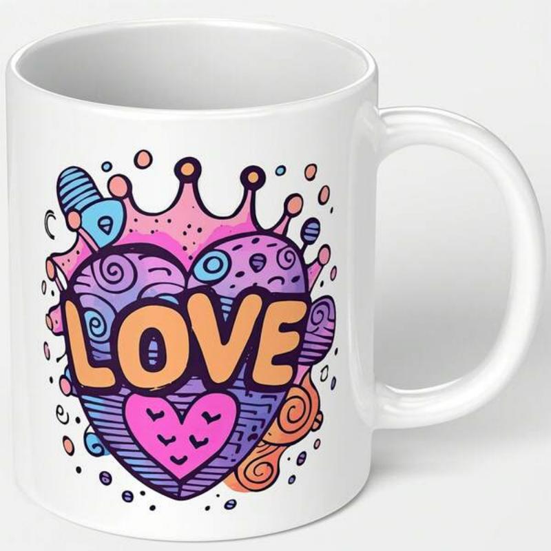 Tailorly White Ceramic 11 oz Mug - Love Vibrant Pink And Purple Artistic Crown Pattern Within A Decorative Heart