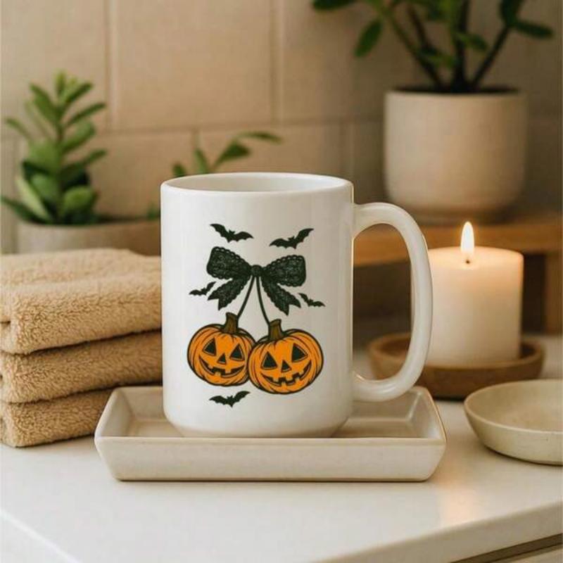 Tailorly White Ceramic 11 oz Mug - Festive Halloween Jack O Lanterns Styled As Cherries With Flying Bats Pumpkin