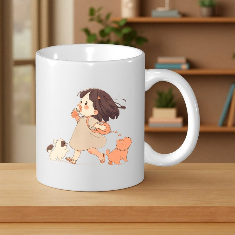 Tailorly White Ceramic 11 oz Mug - Cheerful Little Girl Running Together With Two Small Dogs Illustration