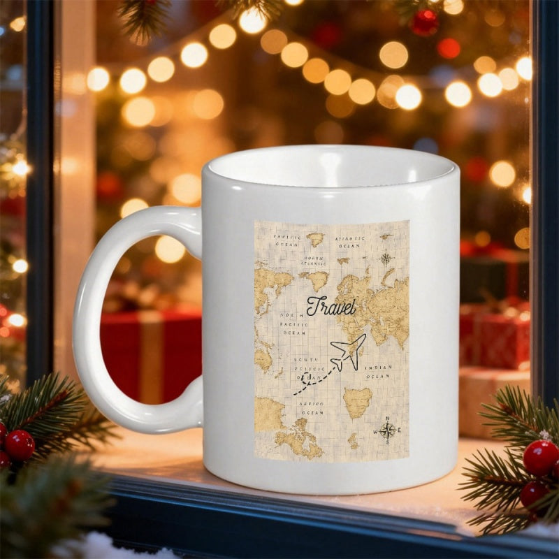 Tailorly White Ceramic 11 oz Mug - Travel Vintage World Map Featuring Dotted Flight Path And Compass Rose Map