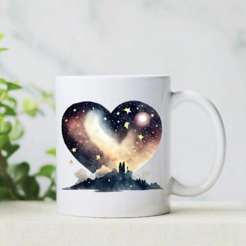 Tailorly White Ceramic 11 oz Mug - Romantic Starry Galaxy Night Featuring A Couple Silhouette Inside A Heart