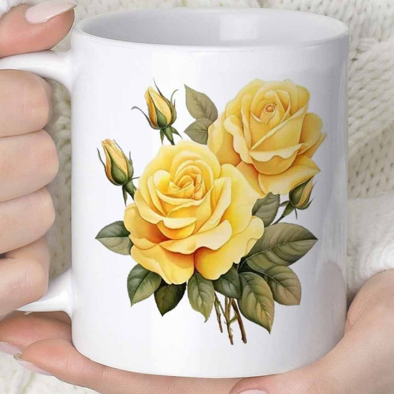 Tailorly White Ceramic 11 oz Mug - Beautiful Yellow Flowers Blooming Among Lush Green Leaves In Soft Sunlight Rose