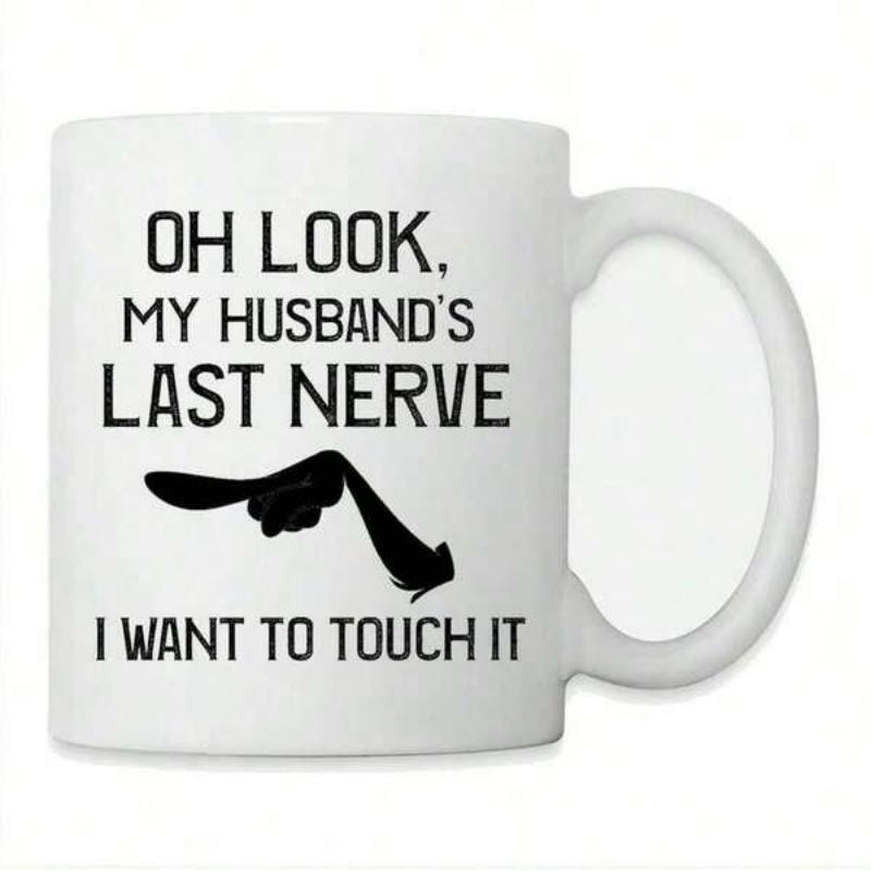 Tailorly White Ceramic 11 oz Mug - Oh Look My Husbands Last Nerve I Want To Touch It Minimalist Hand Pointing At A Thin Wavy Black Line Art Design