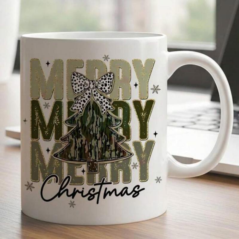 Tailorly White Ceramic 11 oz Mug - Merry Merry Merry Christmas Festive Evergreen Topped With Decorative Leopard Patterned Bow And Snowflakes Tree