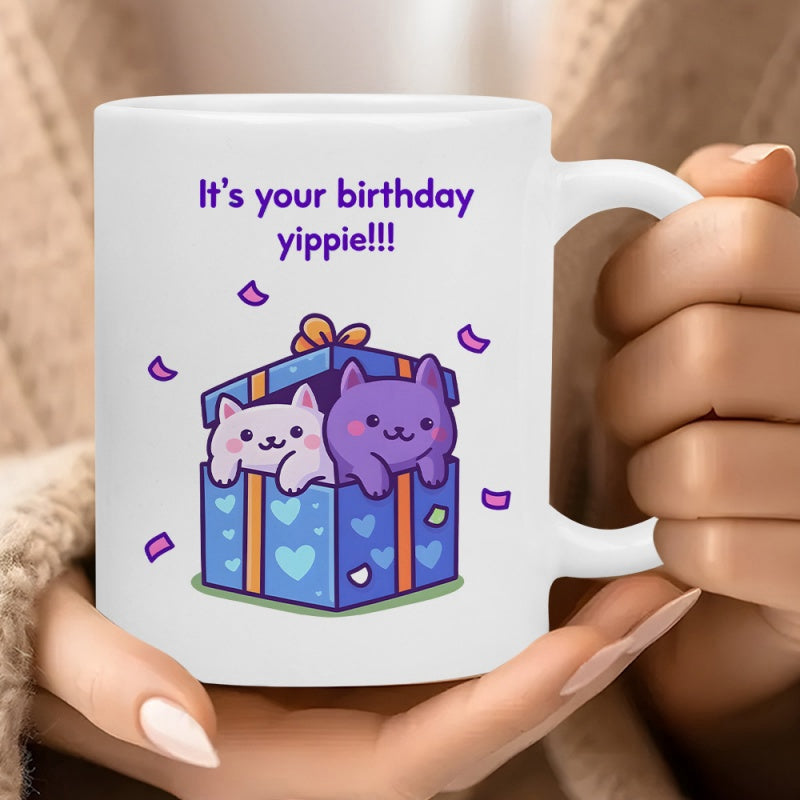 Tailorly White Ceramic 11 oz Mug - Its Your Birthday Yippie Adorable Kittens Popping Out From Heart Patterned Gift Box With Confetti Cat