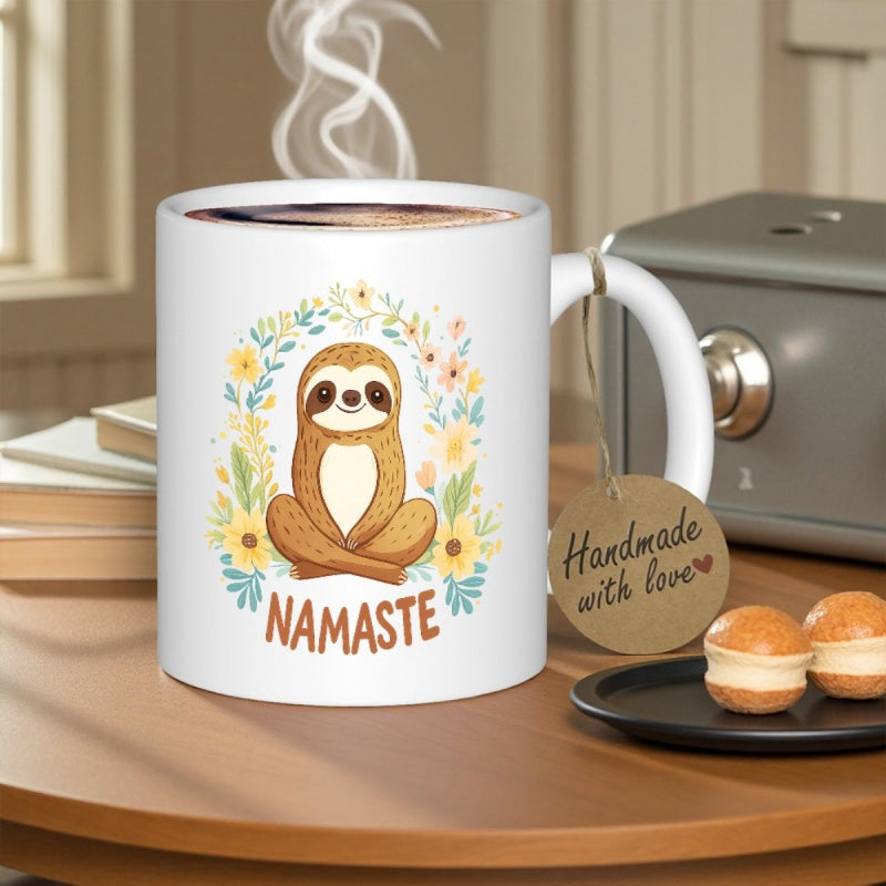 Tailorly White Ceramic 11 oz Mug - Namaste Cute Meditating Animal Surrounded By Colorful Flowers And Delicate Leaves Sloth