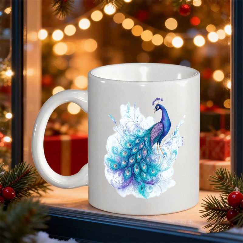 Tailorly White Ceramic 11 oz Mug - Elegant Watercolor Feathers Flowing From A Radiant Vibrant Blue Majestic Peacock