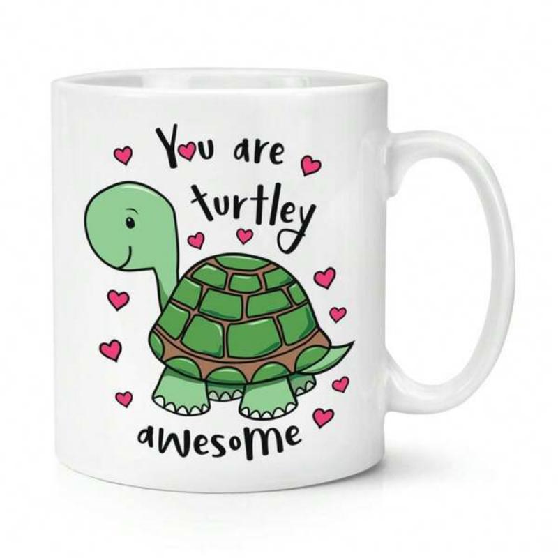 Tailorly White Ceramic 11 oz Mug - You Are Turtley Awesome Cute Green Cartoon Turtle Surrounded By Small Pink Floating Hearts Turtle