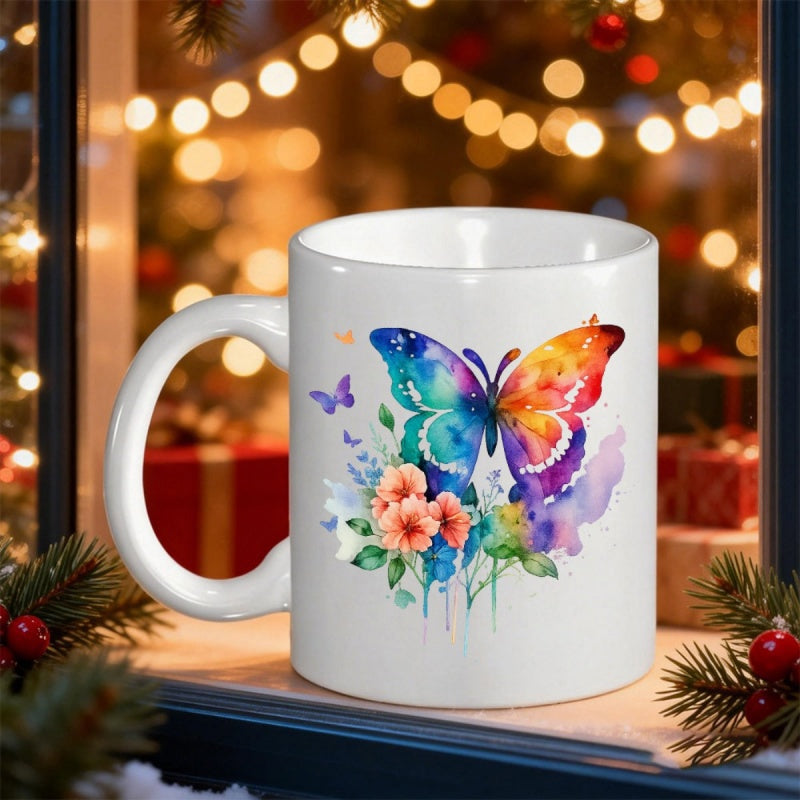 Tailorly White Ceramic 11 oz Mug - Vibrant Watercolor Style With Colorful Wings And Blooming Summer Garden Flowers Butterfly