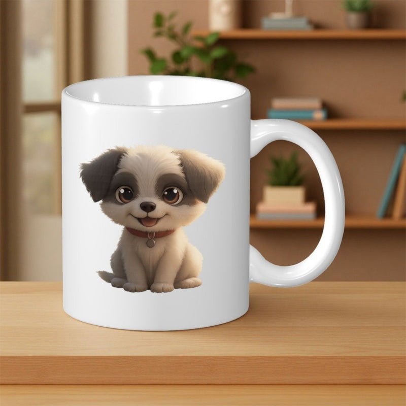Tailorly White Ceramic 11 oz Mug - Cute Small Furry Dog With Big Expressive Eyes Sitting Happily Puppy