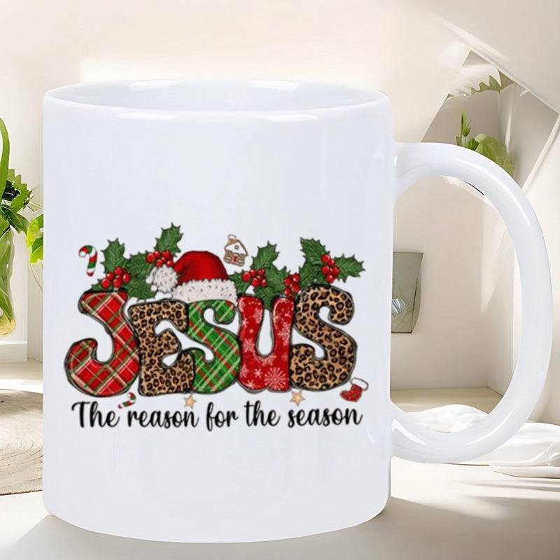 Tailorly White Ceramic 11 oz Mug - Jesus The Reason For The Season Festive Holiday Patterns With Holly Leaves And Santa Hat Decorated Lettering
