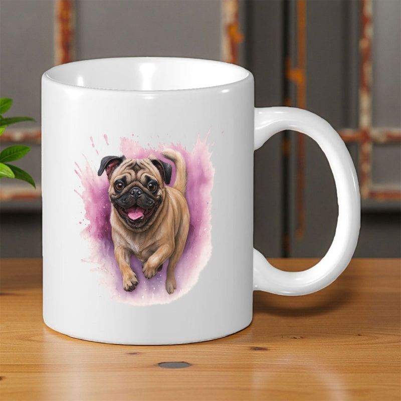 Tailorly White Ceramic 11 oz Mug - Watercolor Painting Of A Happy Small Dog Against Purple Splash Pug