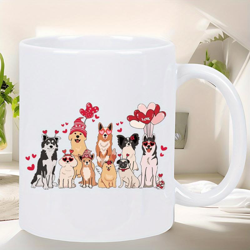 Tailorly White Ceramic 11 oz Mug - Love Playful Group Of Various Canine Breeds Wearing Heart Shaped Accessories Dogs