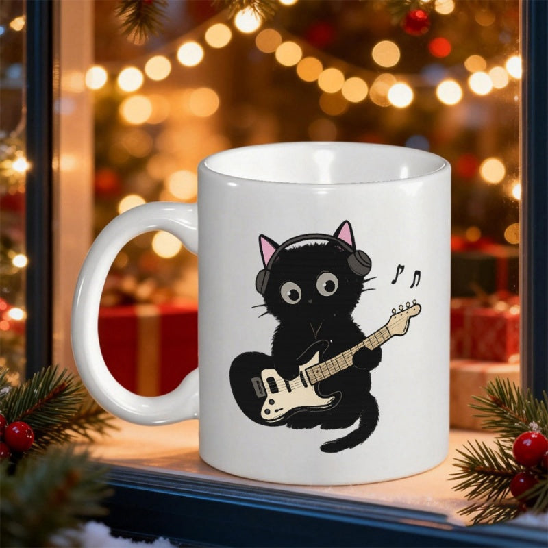 Tailorly White Ceramic 11 oz Mug - Adorable Black Kitten Wearing Headphones While Playing Electric Guitar With Notes Cat