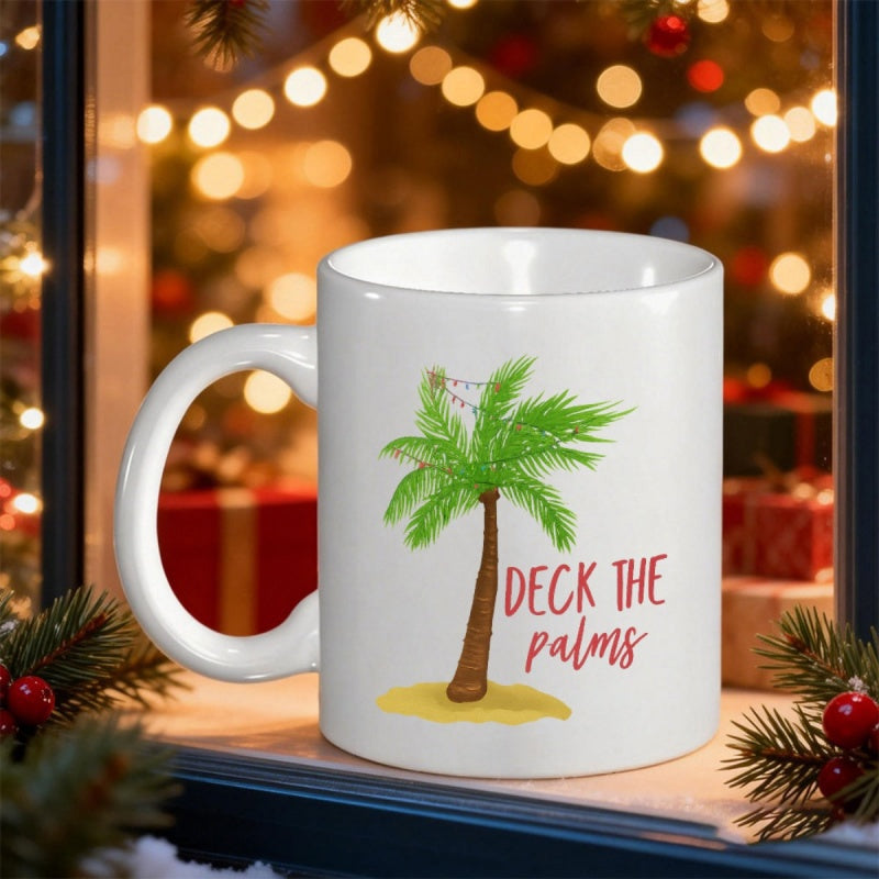 Tailorly White Ceramic 11 oz Mug - Deck The Palms Tropical Christmas Style Decorated With Glowing Lights On Sandy Beach Palm Tree