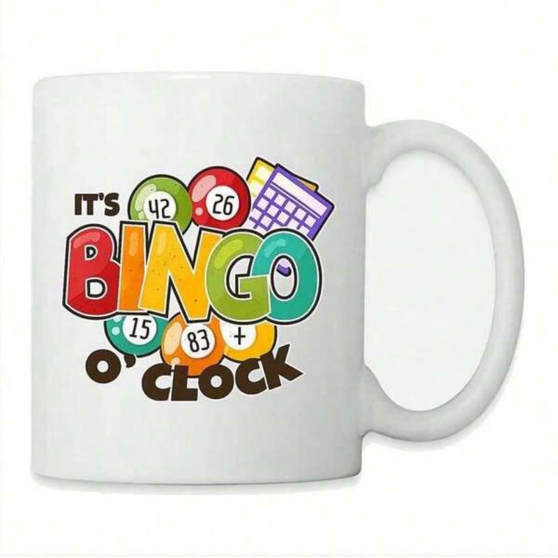 Tailorly White Ceramic 11 oz Mug - Its Bingo OClock Vibrant Multi Colored Numbered Game Balls And Gridded Scoring Cards Mug