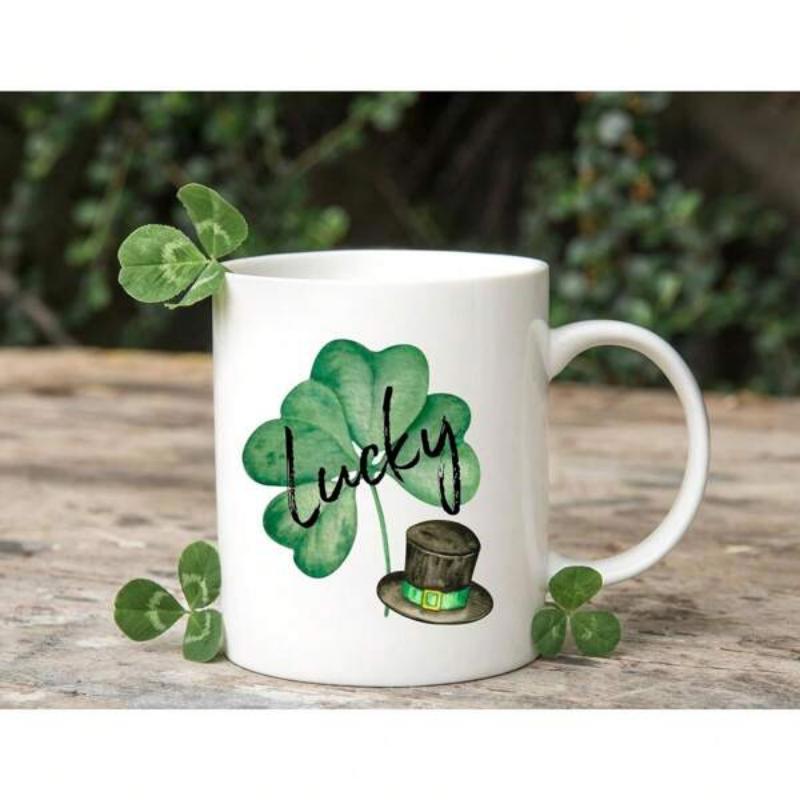 Tailorly White Ceramic 11 oz Mug - Lucky Vibrant Watercolor Green Four Leaf Clover With Classic Leprechaun Hat Clover