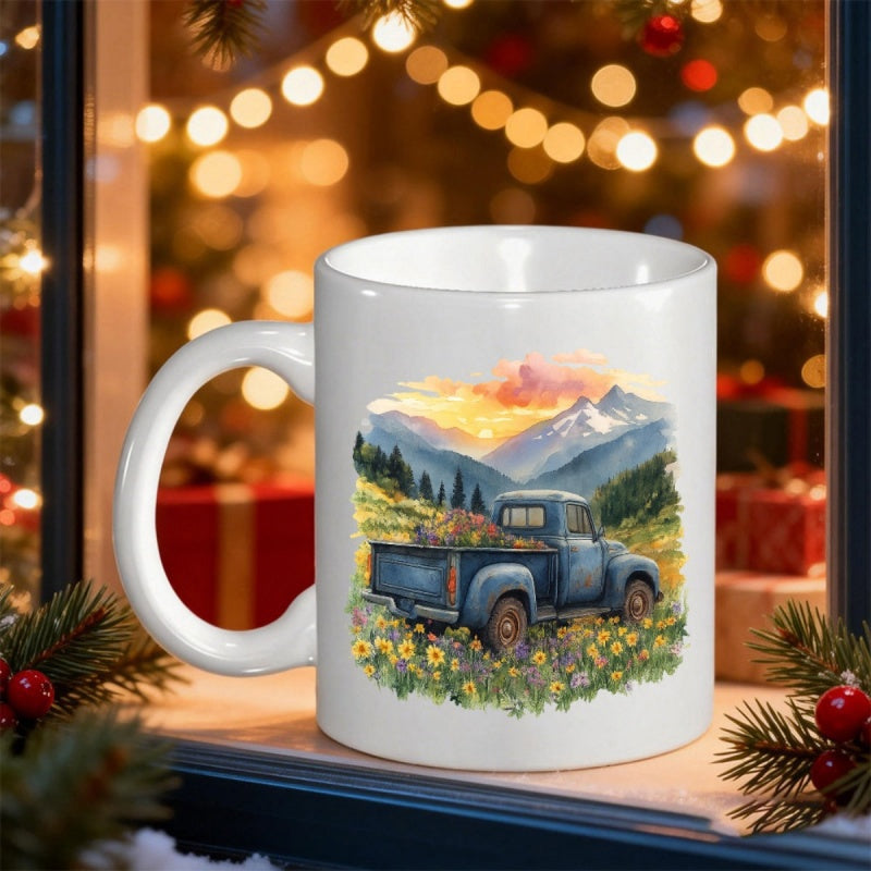 Tailorly White Ceramic 11 oz Mug - Vintage Blue Pickup Truck Parked In A Sunlit Meadow Mountain Truck