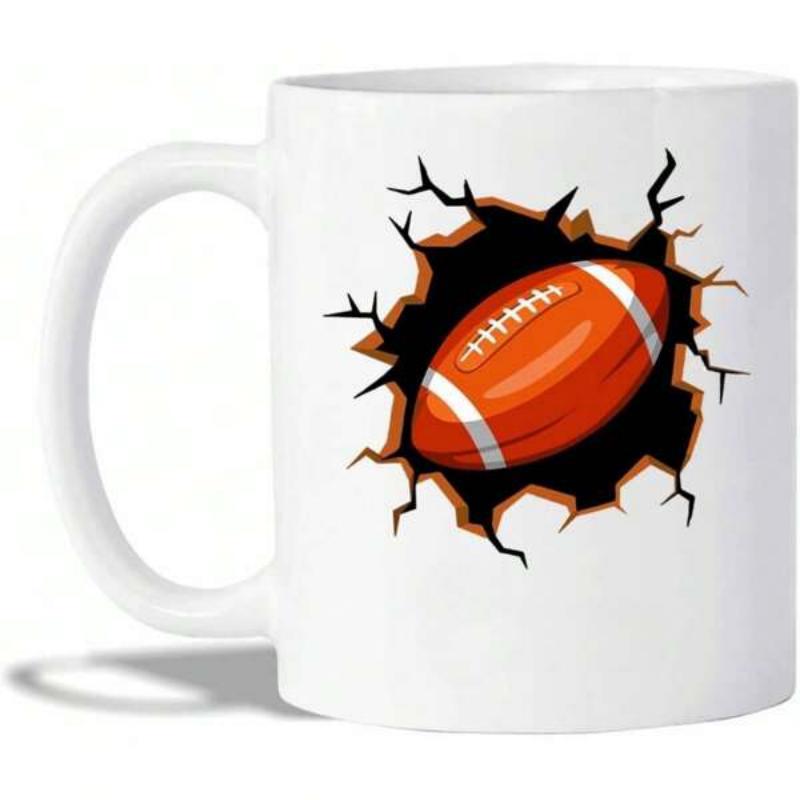 Tailorly White Ceramic 11 oz Mug - Dynamic Brown Sport Ball Bursting Through Dark Cracked Wall Surface Football