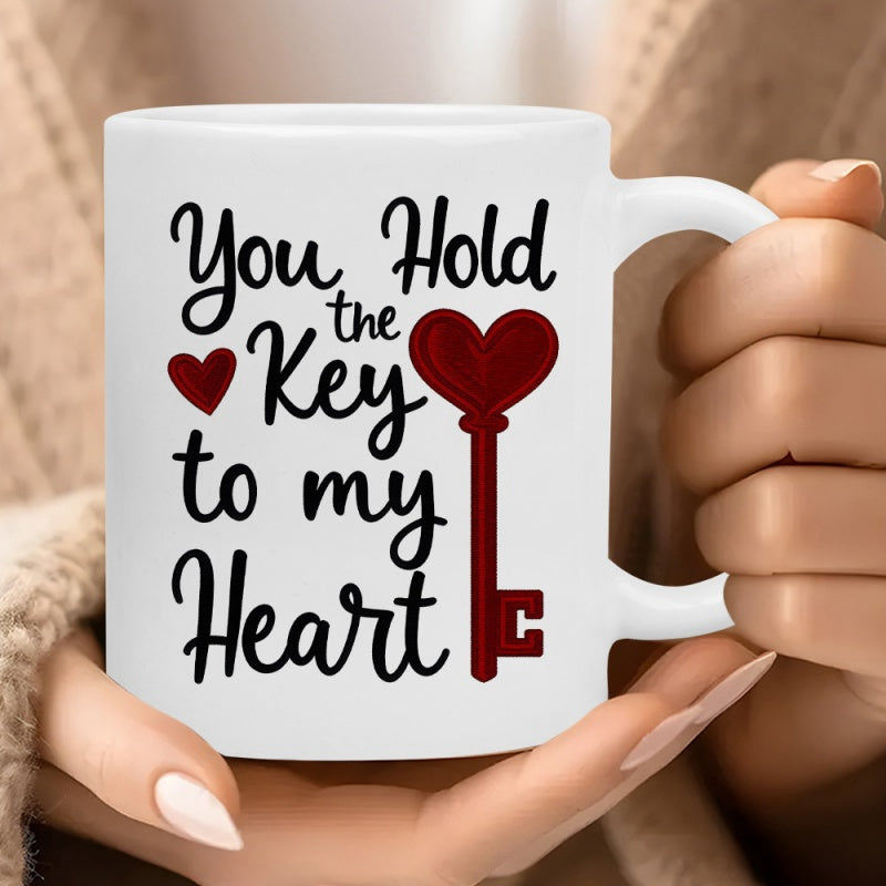 Tailorly White Ceramic 11 oz Mug - You Hold The Key To My Heart Elegant Red Heart Shaped Key With Romantic Script Text Graphics Artistic Heart