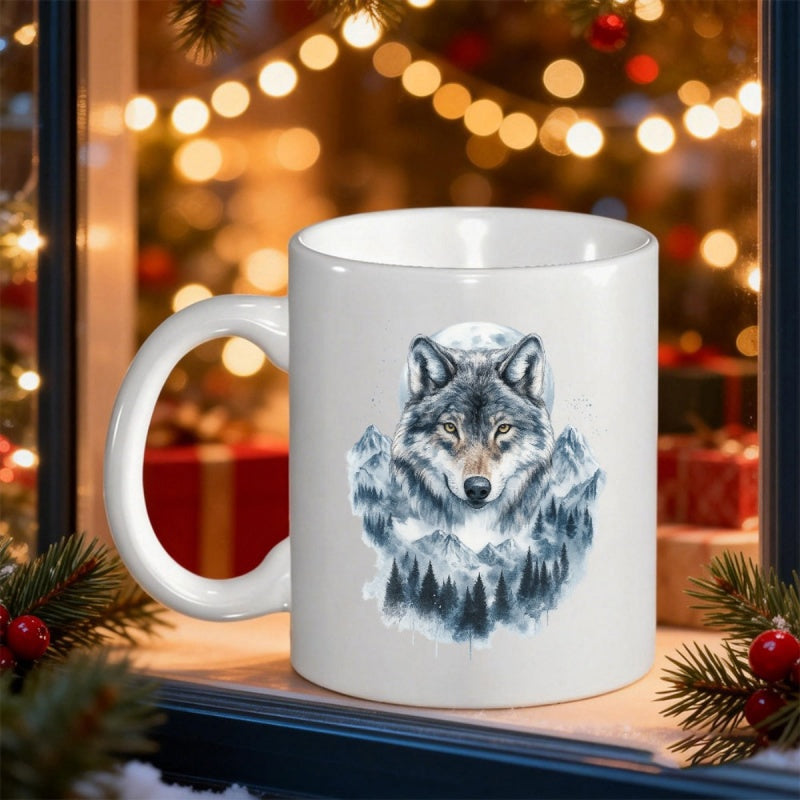 Tailorly White Ceramic 11 oz Mug - Majestic Wilderness Scene With Pine Forest And Snow Capped Mountains Wolf
