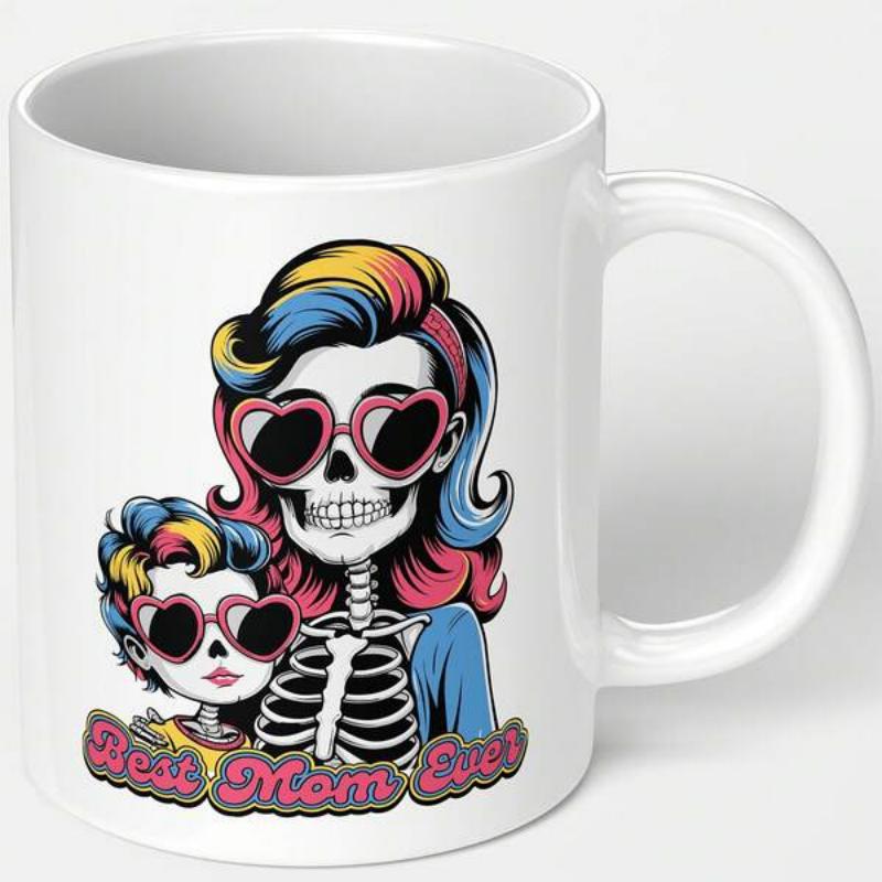 Tailorly White Ceramic 11 oz Mug - Best Mom Ever Colorful Hair Mother And Child Skulls Wearing Heart Sunglasses Rocking Skeleton