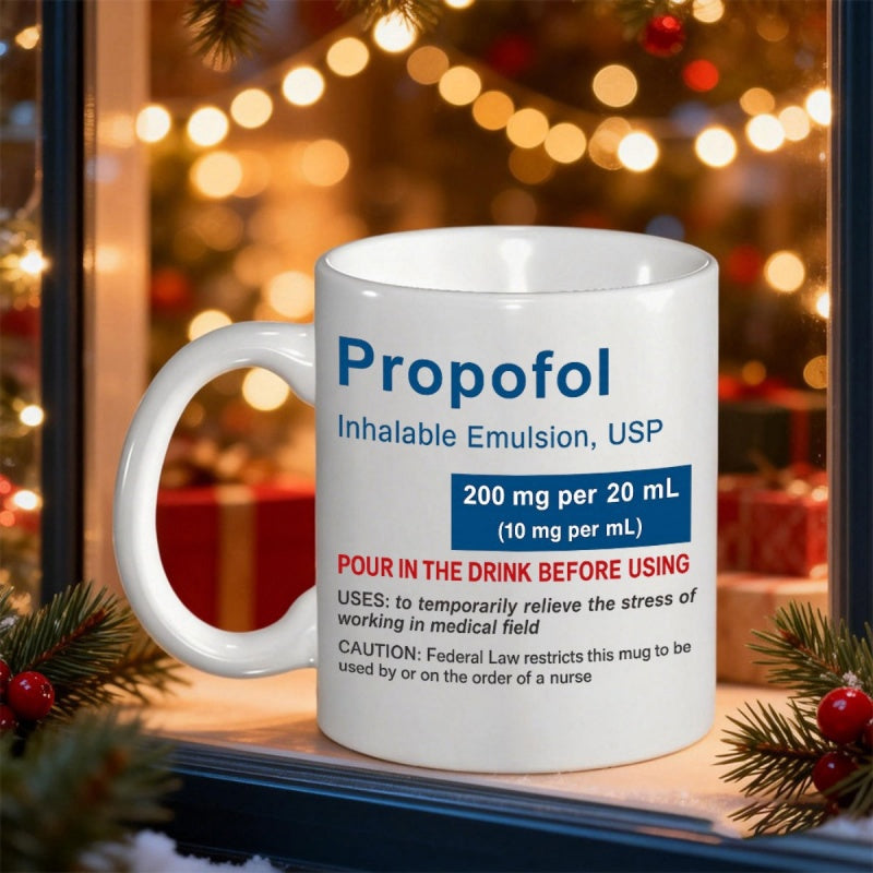 Tailorly White Ceramic 11 oz Mug - Propofol Inhalable Emulsion USP Pour In The Drink Before Using Minimalist White Porcelain Cup Displaying Realistic Medical