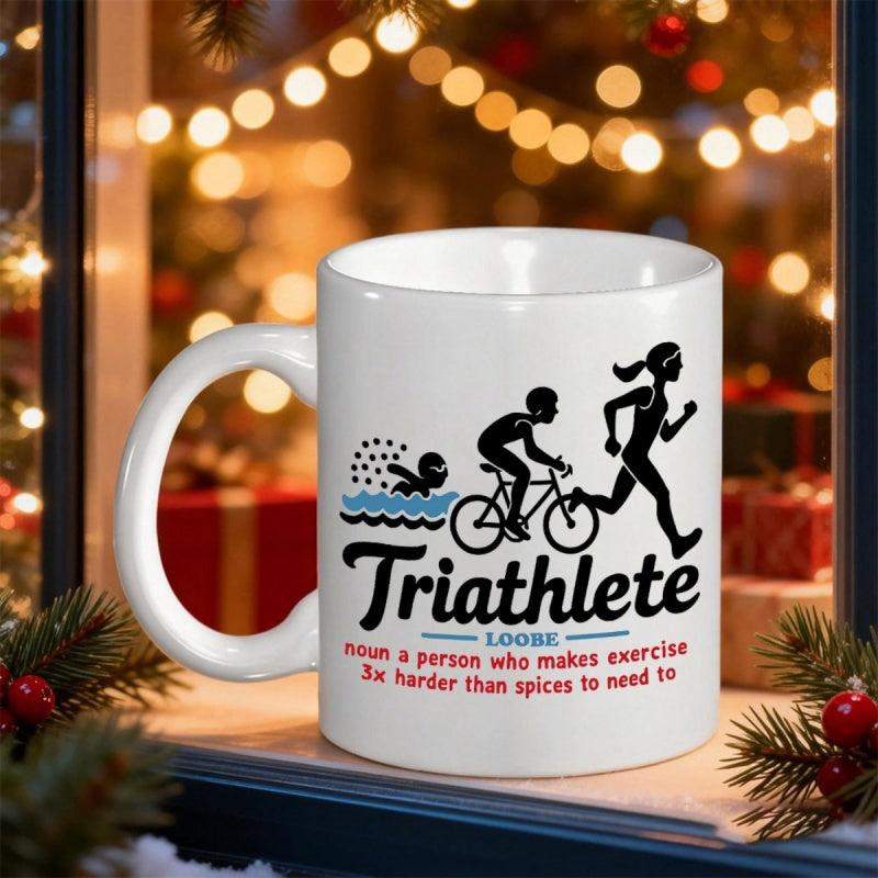 Tailorly White Ceramic 11 oz Mug - Triathlete Three Athletic Silhouettes Representing Swimming Cycling And Running In Motion Triathlete