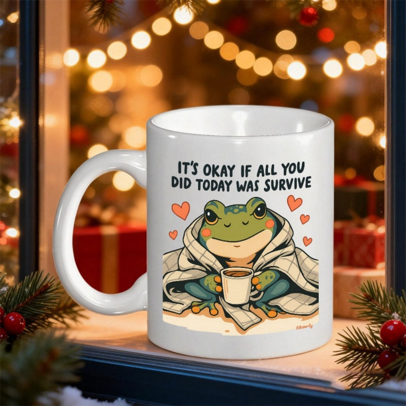 Tailorly White Ceramic 11 oz Mug - Its Okay If All You Did Today Was Survive Wrapped In Cozy Checkered Blanket Holding A Warm Cup With Hearts Frog