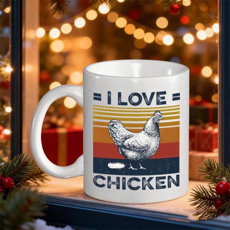 Tailorly White Ceramic 11 oz Mug - I Love Chicken Retro Vintage Sunset Stripes Featuring A Detailed Hand Drawn Sketch Style Chicken