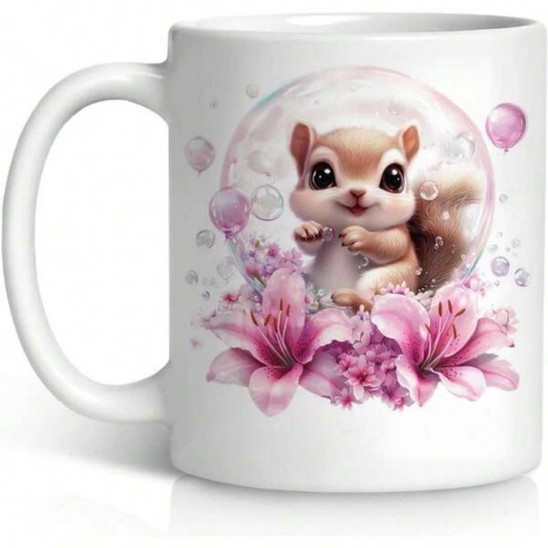 Tailorly White Ceramic 11 oz Mug - Adorable Fluffy Little Creature Inside Bubbles Surrounded By Pink Floral Lilies Squirrel