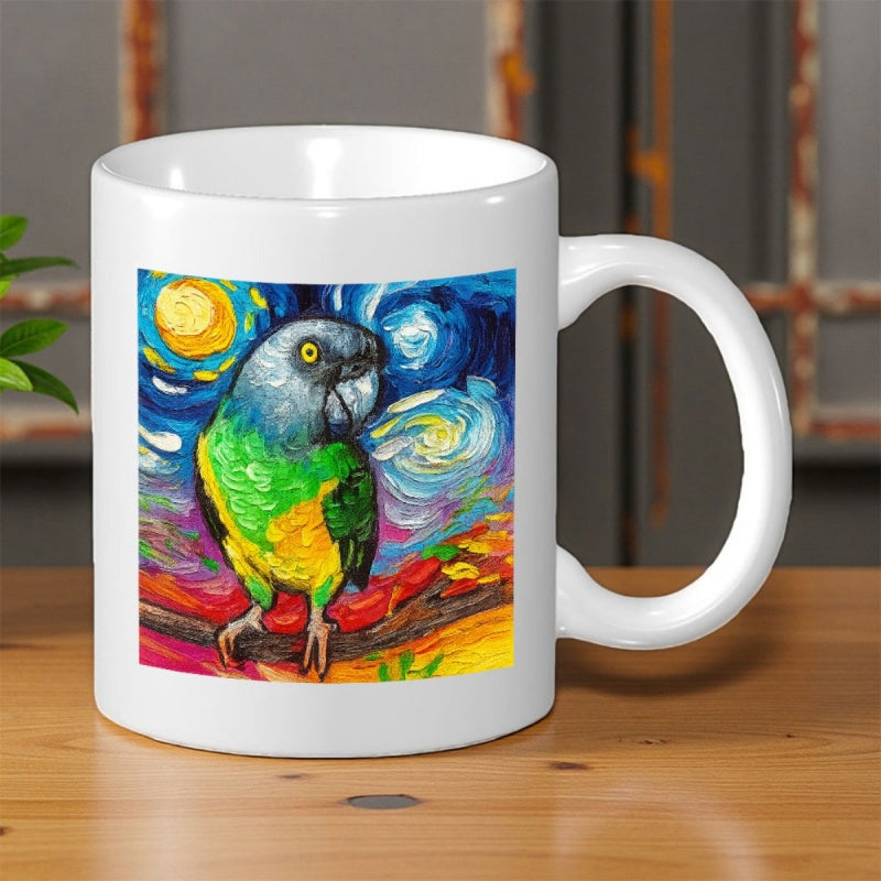 Tailorly White Ceramic 11 oz Mug - Vibrant Impressionist Parrot Perched On Branch Under Swirling Starry Sky Bird