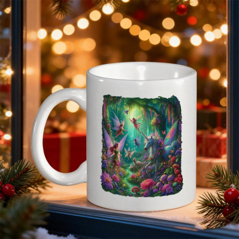 Tailorly White Ceramic 11 oz Mug - Mystical Forest Scene With Fairies Floating Near A Majestic Glowing Unicorn