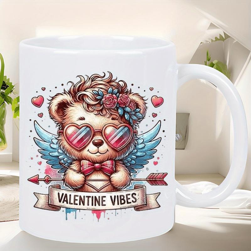 Tailorly White Ceramic 11 oz Mug - Valentine Vibes Cute Teddy Wearing Heart Glasses With Blue Wings And Flowers Around Bear