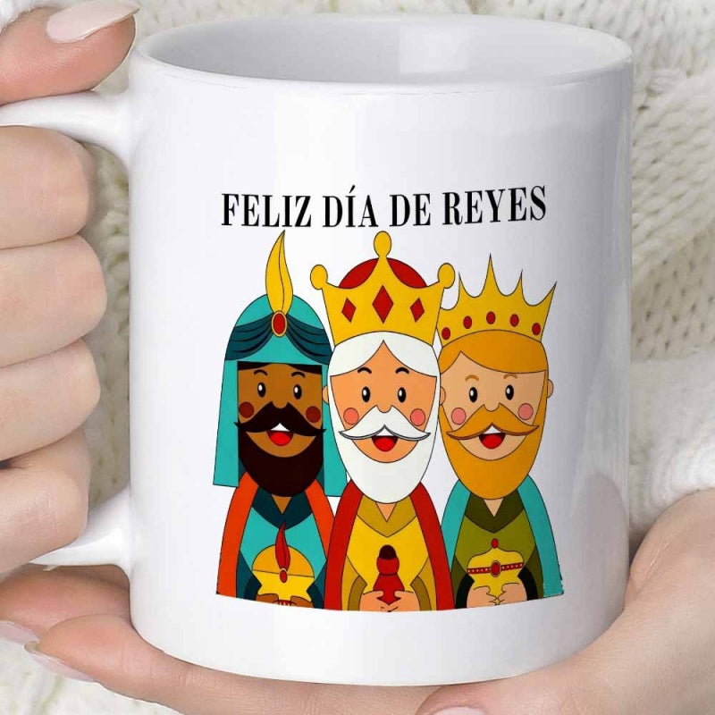 Tailorly White Ceramic 11 oz Mug - Three Majestic Cartoon Magi Figures Wearing Colorful Royal Crowns King