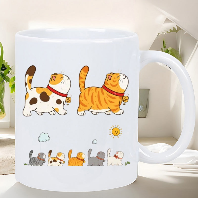 Tailorly White Ceramic 11 oz Mug - Adorable Chubby Cartoon Cats Walking Together Under A Small Smiling Sun Cat