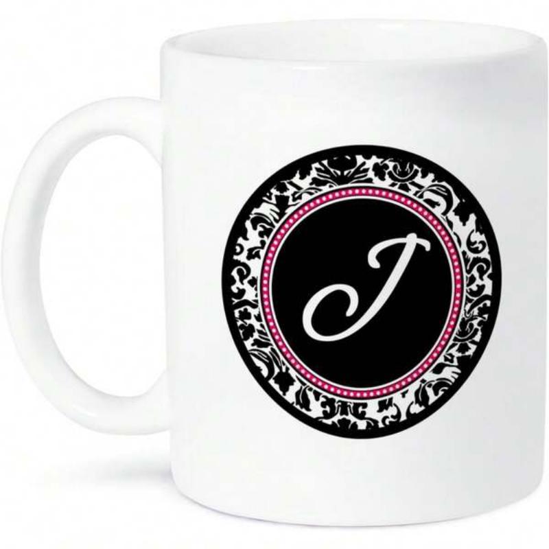 Tailorly White Ceramic 11 oz Mug - J Elegant Ornate Circular Pattern Featuring Black Damask And Pink Border Monogram
